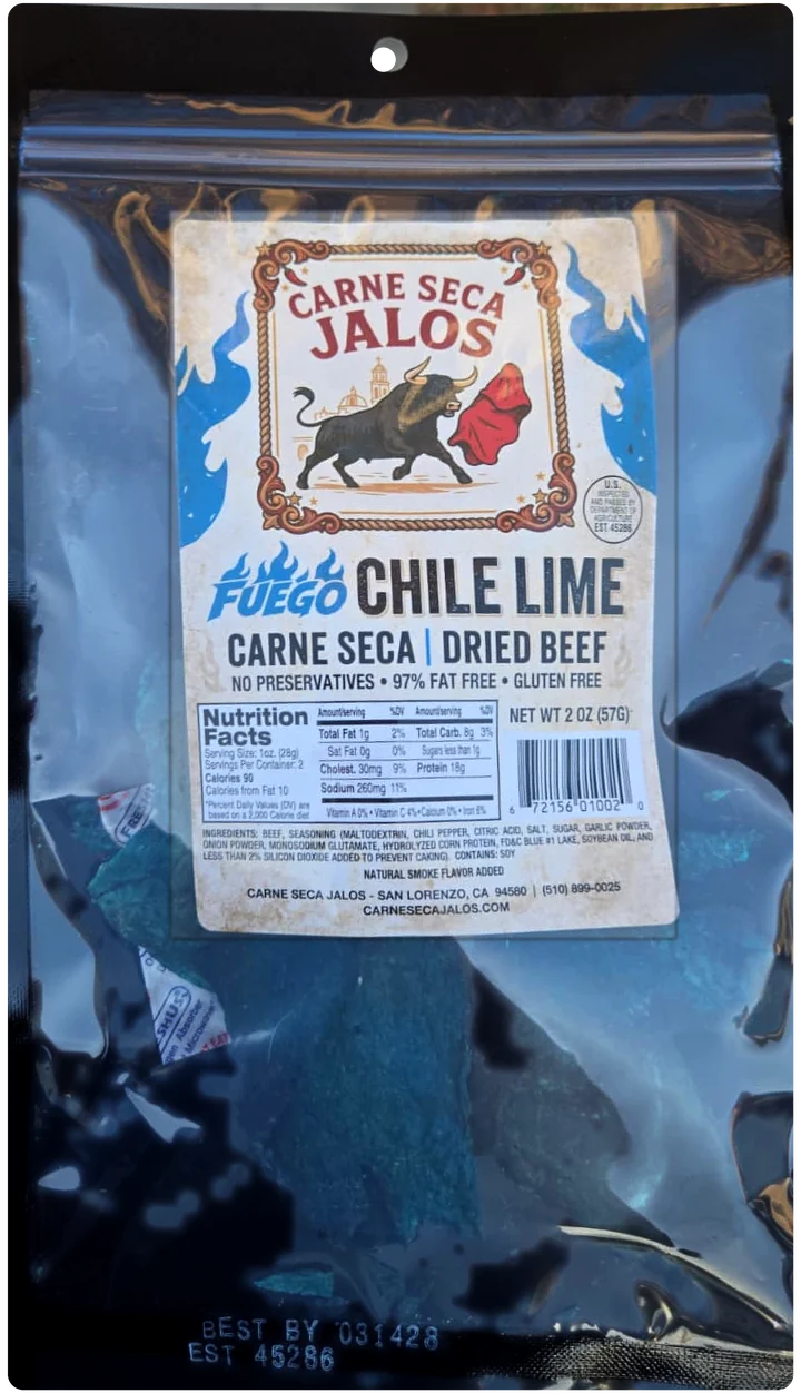 Blue bag of Carne Seca Jalos, Fuego Chile Lime, 2 oz