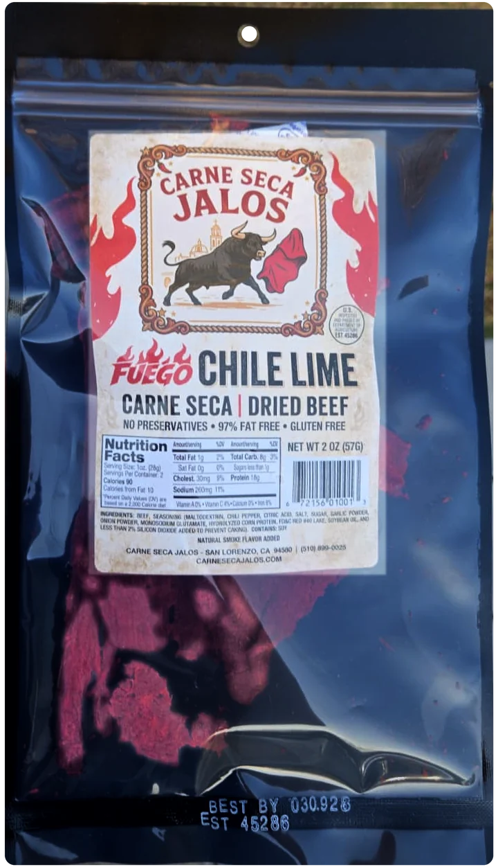 Red bag of Carne Seca Jalos, Fuego Chile Lime, 2 oz
