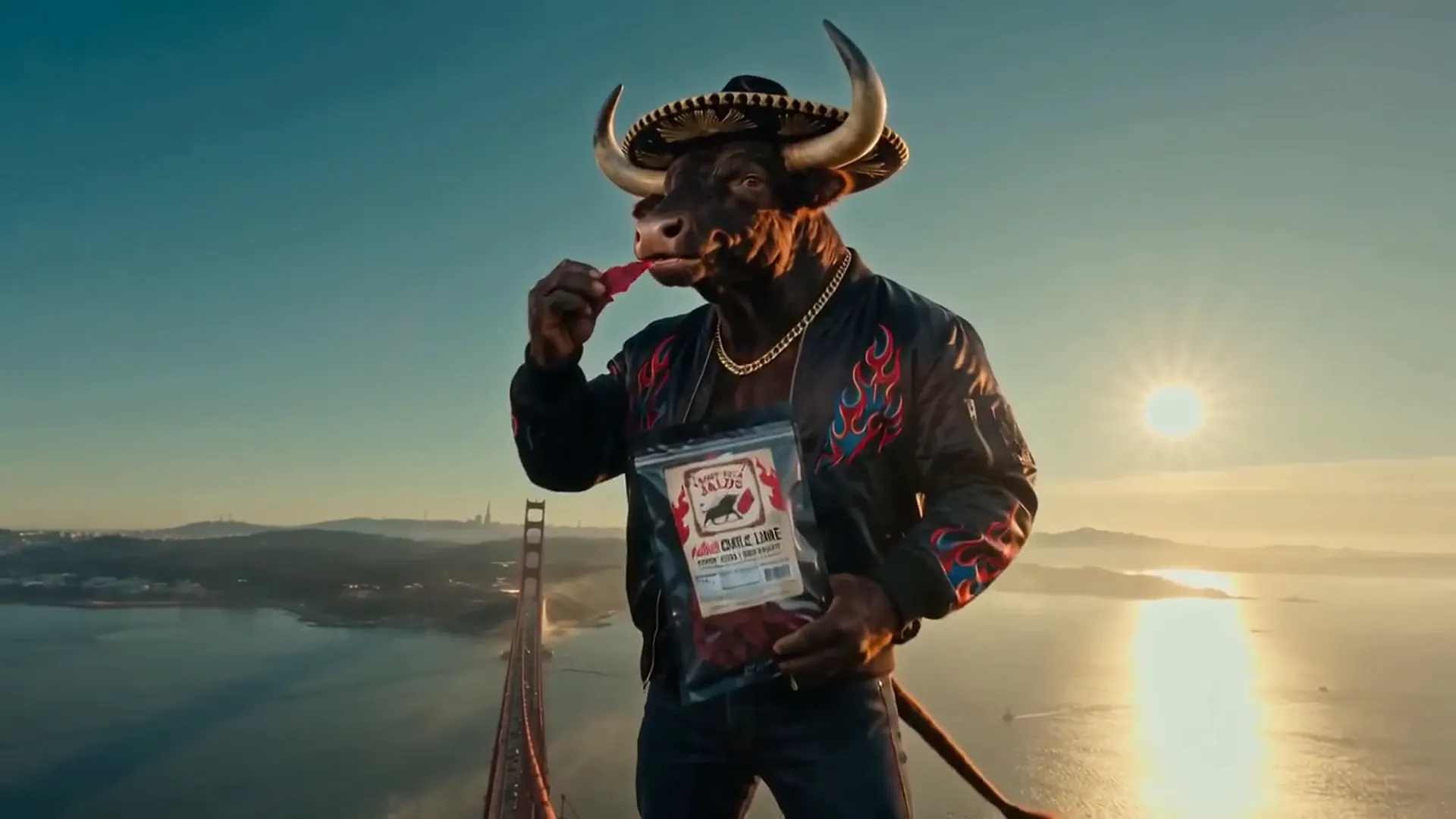 El Toro de Jalos eating carne seca on top of the Golden Gate Bridge at sunset