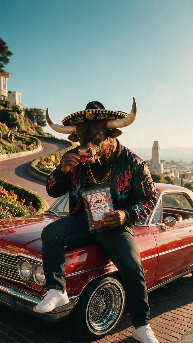 El Toro de Jalos on a red lowrider on Lombard Street